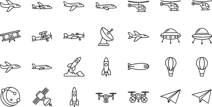 Aircraft and space transport icon set vector illustration airplanes helicopter rocket satellite drone and aviation line icons