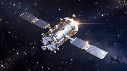 Naklejka premium Space satellite with deployed solar panels against starry background. Suitable for banner, scientific article, educational website or materials about space missions. 