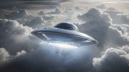 Obraz premium Classic flying saucer emerging from dramatic storm clouds with bright lights below