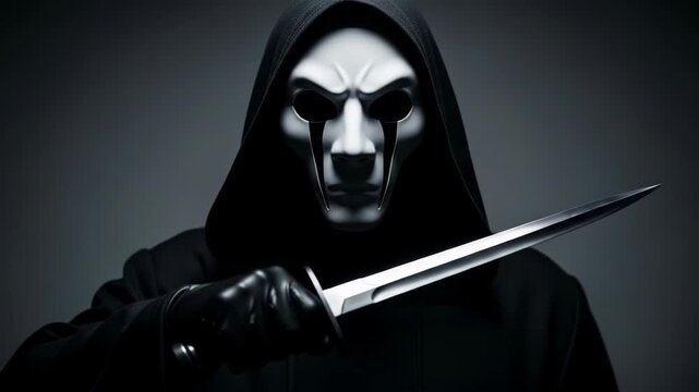 Terrifying Hooded Figure with a Scary Mask and a Knife.