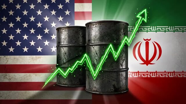 Oil Barrels with US Iran Flags and Falling Price Graph