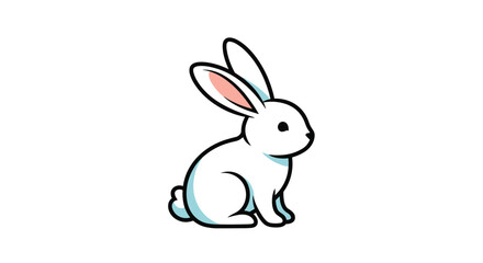 Obraz premium Cute illustration of a small white rabbit with pink ears sitting peacefully against a plain white background for nature themes.