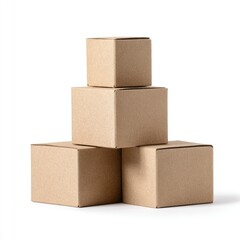 Obraz premium Four closed, stacked cardboard boxes arranged in a pyramid, isolated on a white backdrop