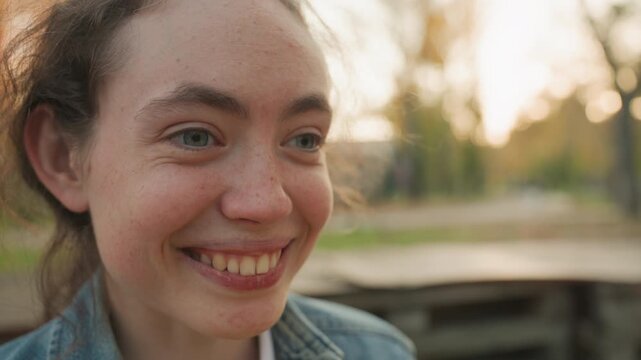 White woman laughing with autumn leaves in closeup, candid joyful expression and tears of happiness, denim jacket, park benches and golden sunset, spontaneous moment of release and affection hinting