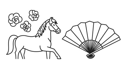 Traditional Asian Cultural Elements with Horse, Flowers, and Folding Fan, Outline Vector Illustration on Isolated White Background