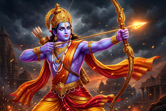 Majestic lord rama aiming a flaming arrow during a storm for the holy celebration of rama puja ram navami and dussehra representing the ultimate victory