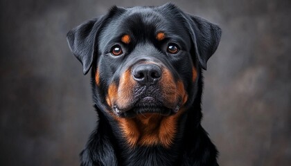 Obraz premium Intense and Captivating Rottweiler Stare, Loyal Companion with Expressive Eyes on Gray Background