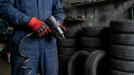 Fototapeta premium Mechanic in blue uniform using impact wrench in garage