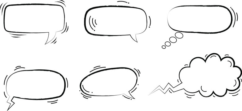 A collection of six hand drawn speech bubbles in various shapes and sizes for creative writing or comic illustrations