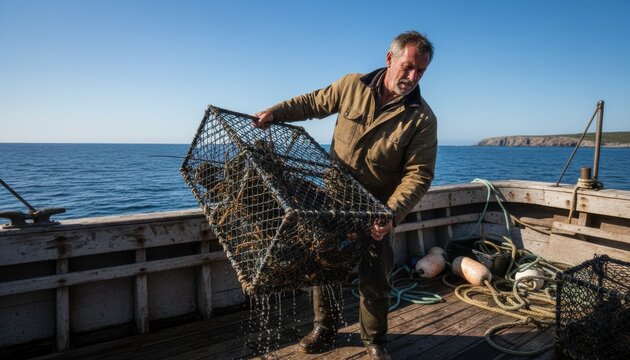 Fisherman hauls heavy lobster trap on boat deck