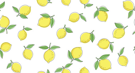 Cheerful repeating pattern of whole yellow lemons with green leaves scattered across a plain white background.