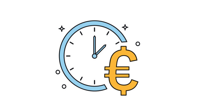 Colorful icon featuring a blue clock face with a yellow Euro currency symbol representing the concept of time being money or hourly wages.