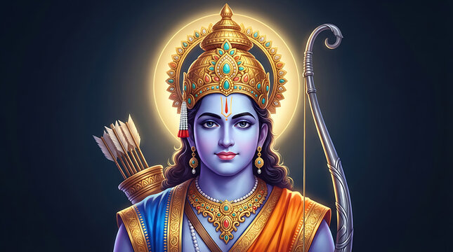Lord rama portrait with golden crown and bow for ram navami and dussehra festivals representing victory of good over evil during traditional rama puja celebration