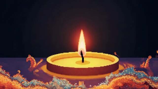 Shifting pixel clouds revealing pixel flame on black wick, golden dish in dark void, sparks rising