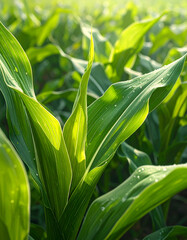Obraz premium Corn leaves glow with morning dew