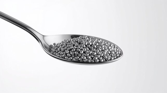 metal spoon filled with gray pellets seeds grains minimalistic clean background illustration