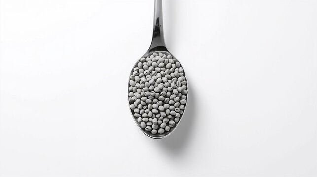 metal spoon filled with gray pellets seeds grains minimalistic clean background illustration