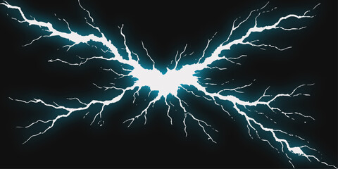 Abstract a striking illustration of two dynamic lightning bolts dramatically colliding amidst a backdrop of deep, inky darkness. © PS  GALLERY 