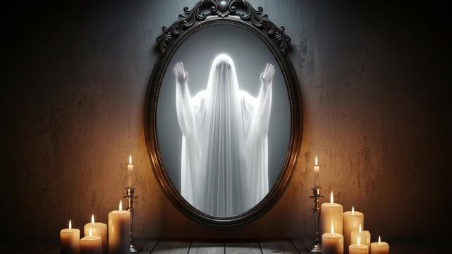 Mysterious Ghostly Reflection in a Mirror Surrounded by Candles.
