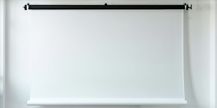 White projection screen mounted on wall. Simple setup, clean presentation space. Minimalist design, ideal for home theater.