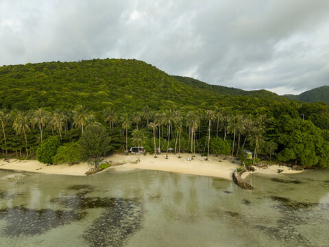 Aerial view of Bobby Beach, where the vibrant green forest meets the pristine white sands and crystal-clear turquoise waters, Karimunjawa, Central Java, Indonesia.