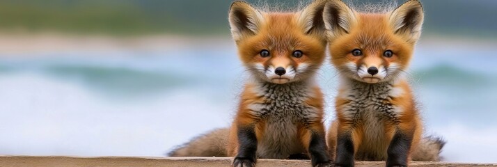 Fototapeta premium Two Adorable Red Fox Cubs Sitting Together in Nature, Enjoying Their Playful Wilderness Adventure
