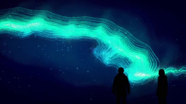 Responding to teal aurora glowing, two silhouettes stepping on night horizon in dark coats