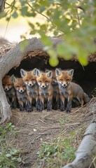 Fototapeta premium Charming Red Fox Cubs Playfully Exploring Their Surroundings Near the Den, A Joyous Scene of Nature