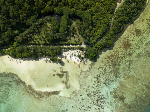 Aerial view of the contrasting turquoise waters meeting the lush green coastline at Bobby Beach, Karimunjawa, Central Java, Indonesia.