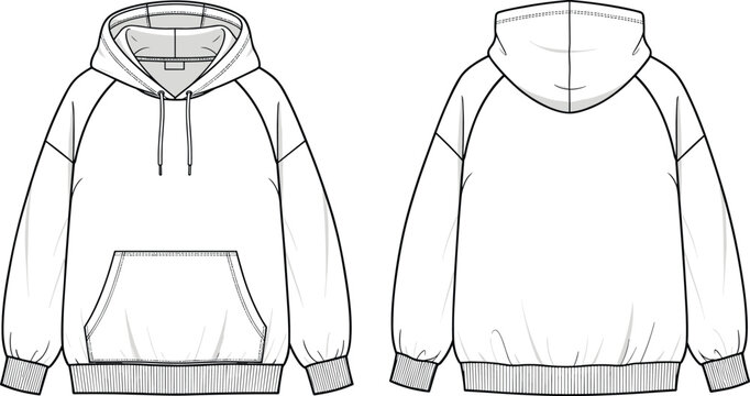 Oversize Raglan Hoodie Technical Flat Sketch Vector Illustration with Front and Back View Blank Sweatshirt Template for Fashion Design Tech Pack