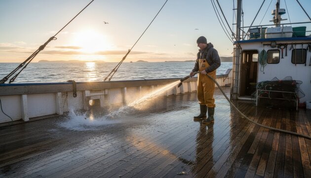 Fishing boat deck cleaning at sunrise