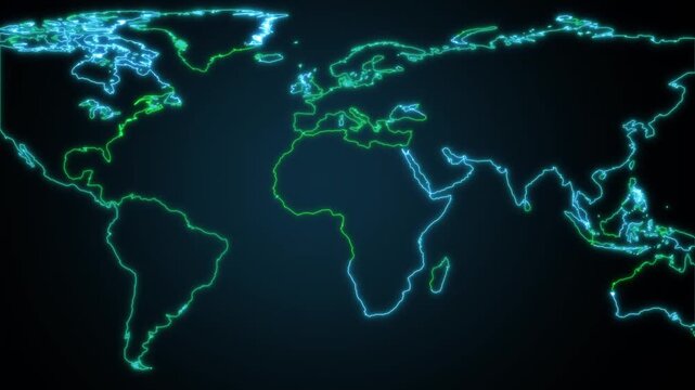 Global World Map Outline with Dual Color Neon Glow Green and Blue on Dark animated Background, Abstract neon dual color green and blue with global world map animation, world map outline animation.