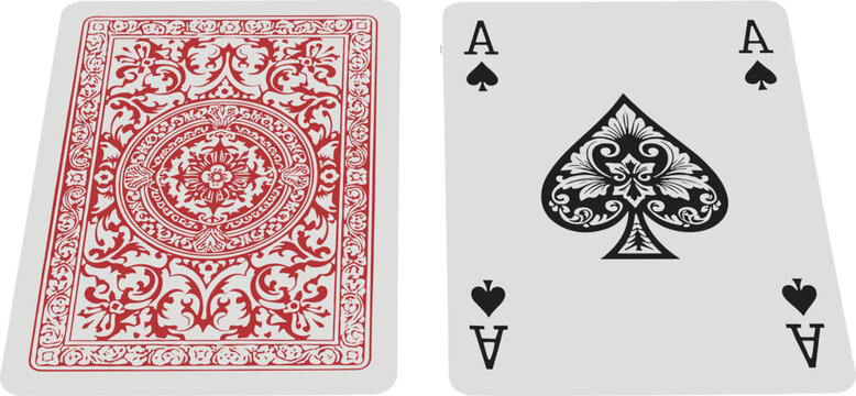Ace of Spades card beside ornate red floral patterned card back&mdash;classic playing card design highlighting iconic symbolism and decorative artistry