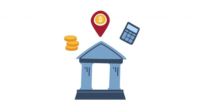 bank building with money symbols animation