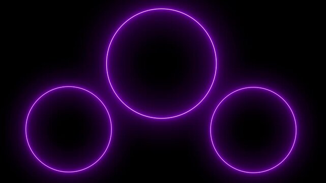 Three glowing purple neon circles arranged in a triangular formation , Geometric neon rings highlighting digital design , Abstract technology concept with modern glowing illustration.