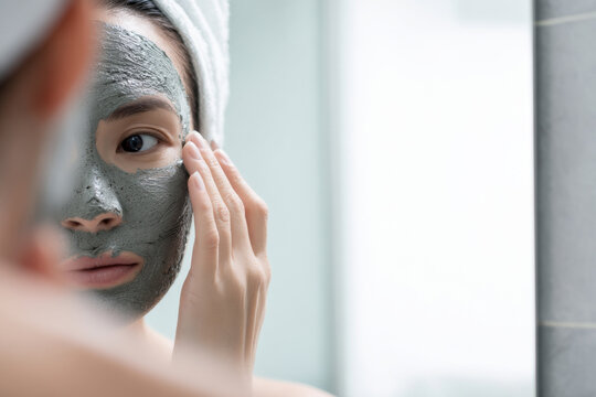 woman applying clay mask to T-zone, face partially hidden by hand, clean minimalist bathroom interior, daylight illumination, lifestyle advertising aesthetic