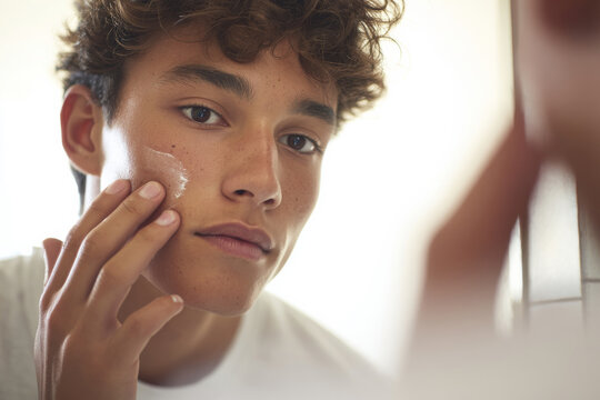 young man applying acne treatment cream on cheek pimple, casual home setting, contemporary bathroom design, soft daylight, candid lifestyle moment, medium close-up