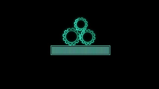 Three cyan neon gears interlocking above a cyan neon loading bar on animated, Glowing mechanical cogwheels showing progress , Abstract digital technology concept with animated neon process .