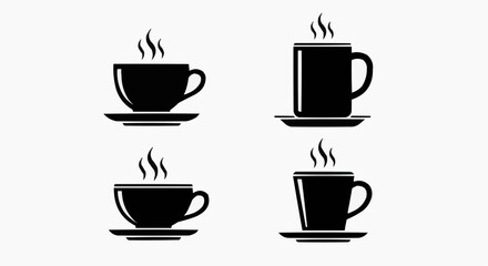 Obraz premium Coffee Cup Icon Set - Minimalist Black Vector Silhouettes of Steaming Tea and Coffee Mugs on Saucers