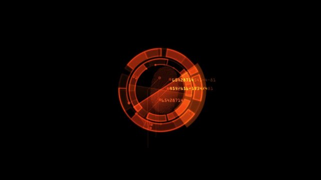 Futuristic HUD circle animation video. Red digital radar interface with rotating tech elements and data overlay on black background in video format
