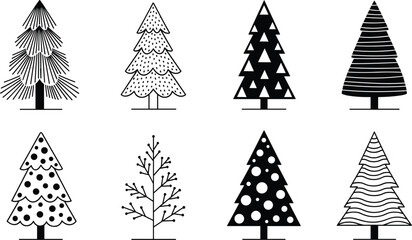 Modern Christmas tree silhouette set, minimalist pine and fir tree icons, cad drawing flat vector illustration for holiday greeting cards. © Utpal