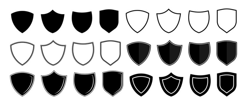 Shield armor silhouette icon set, Protection shield set, Protection badges black minimalistic icons