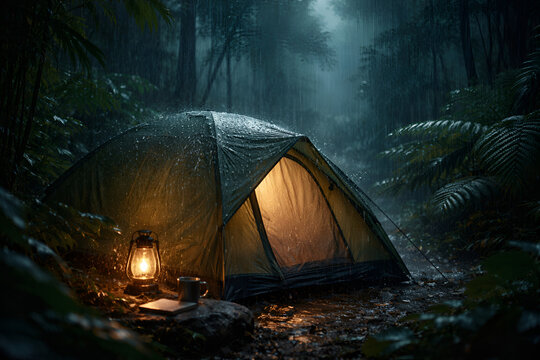 Cozy Camping Tent Glowing in Dark Night Forest Adventure Concept
