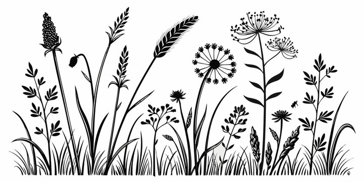Gemini said

Floral vector design featuring silhouettes of dandelions and meadow grass in a summer field illustration