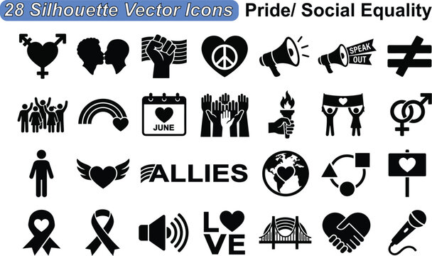 28 silhouette vector icons pride social equality set, love, peace, support, diversity, human rights, freedom, unity