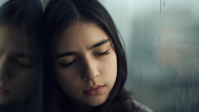 Responding to rain falling, female teen pressing cheek against window on train, showing septum ring