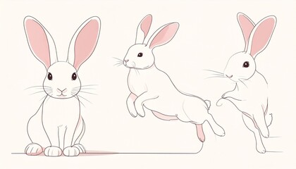 Obraz premium Minimalist line art illustration of two cute rabbits sitting side by side on soft pastel shapes. Simple black outline drawing with clean design, modern Easter or spring concept on a light background.