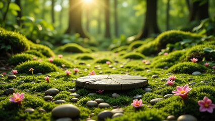 Naklejka premium Tranquil Forest Floor with Floral Accents and Wood Slice