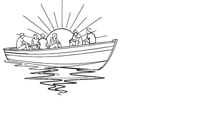 People in a rowboat at sunrise