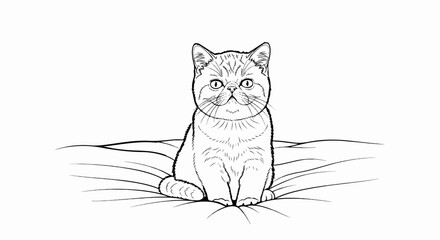 Obraz premium A line drawing of an exotic shorthair cat sitting on a soft surface, looking forward